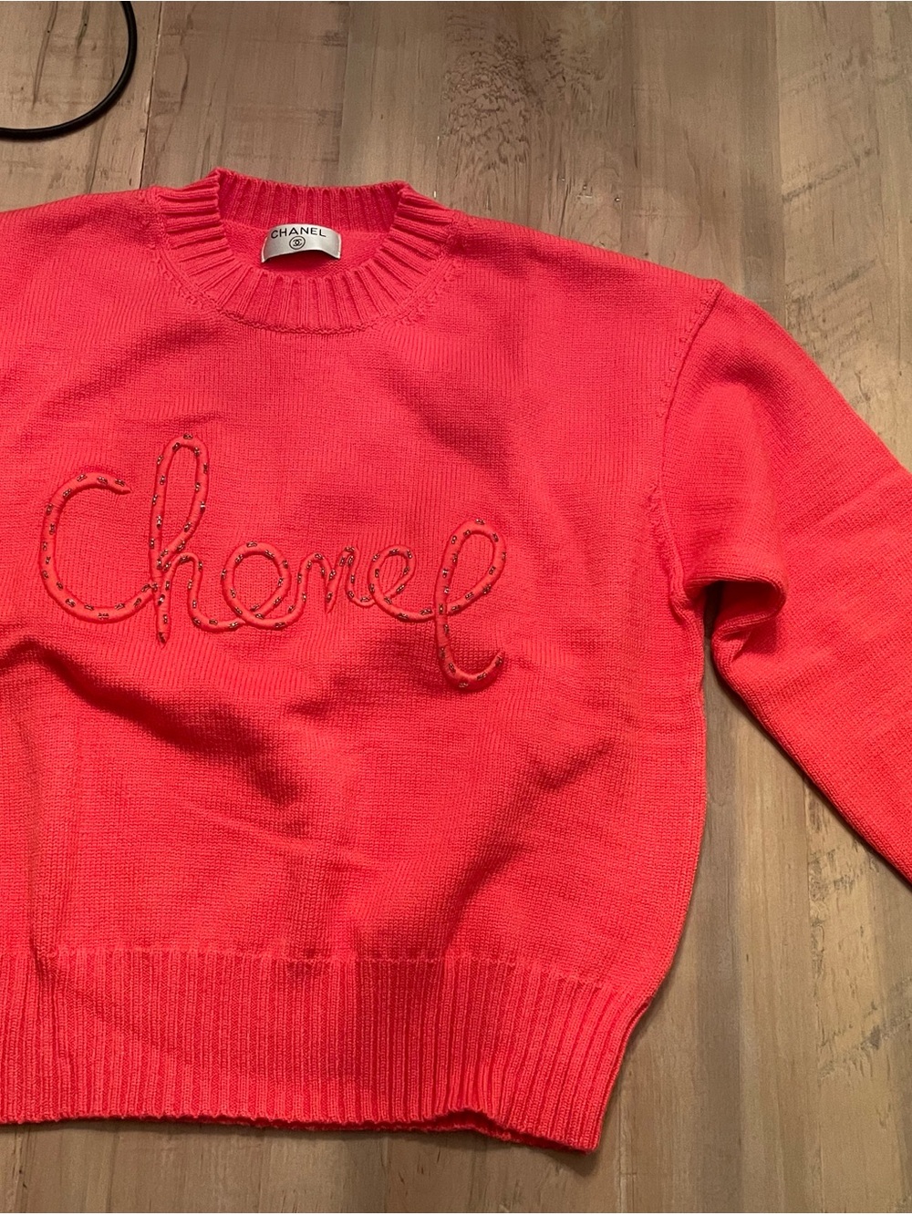 CHANEL Bright Coral Logo Crewneck Sweater
